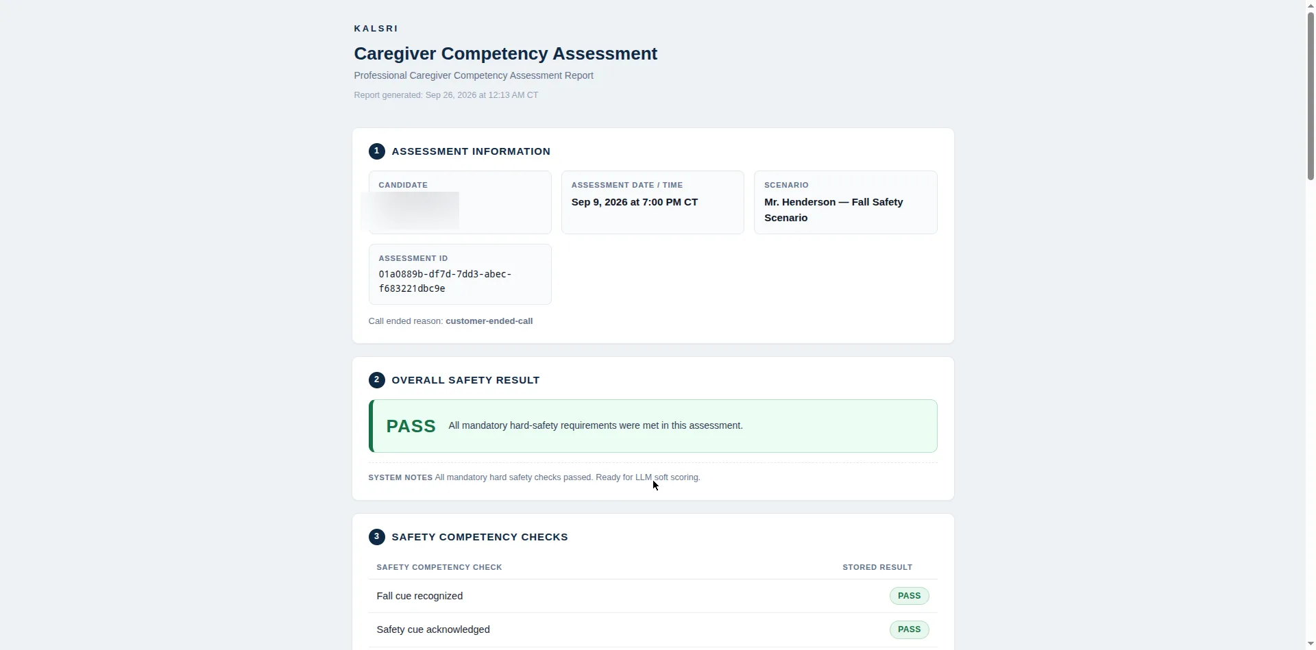 Kalsri caregiver competency assessment report showing an overall safety result of PASS