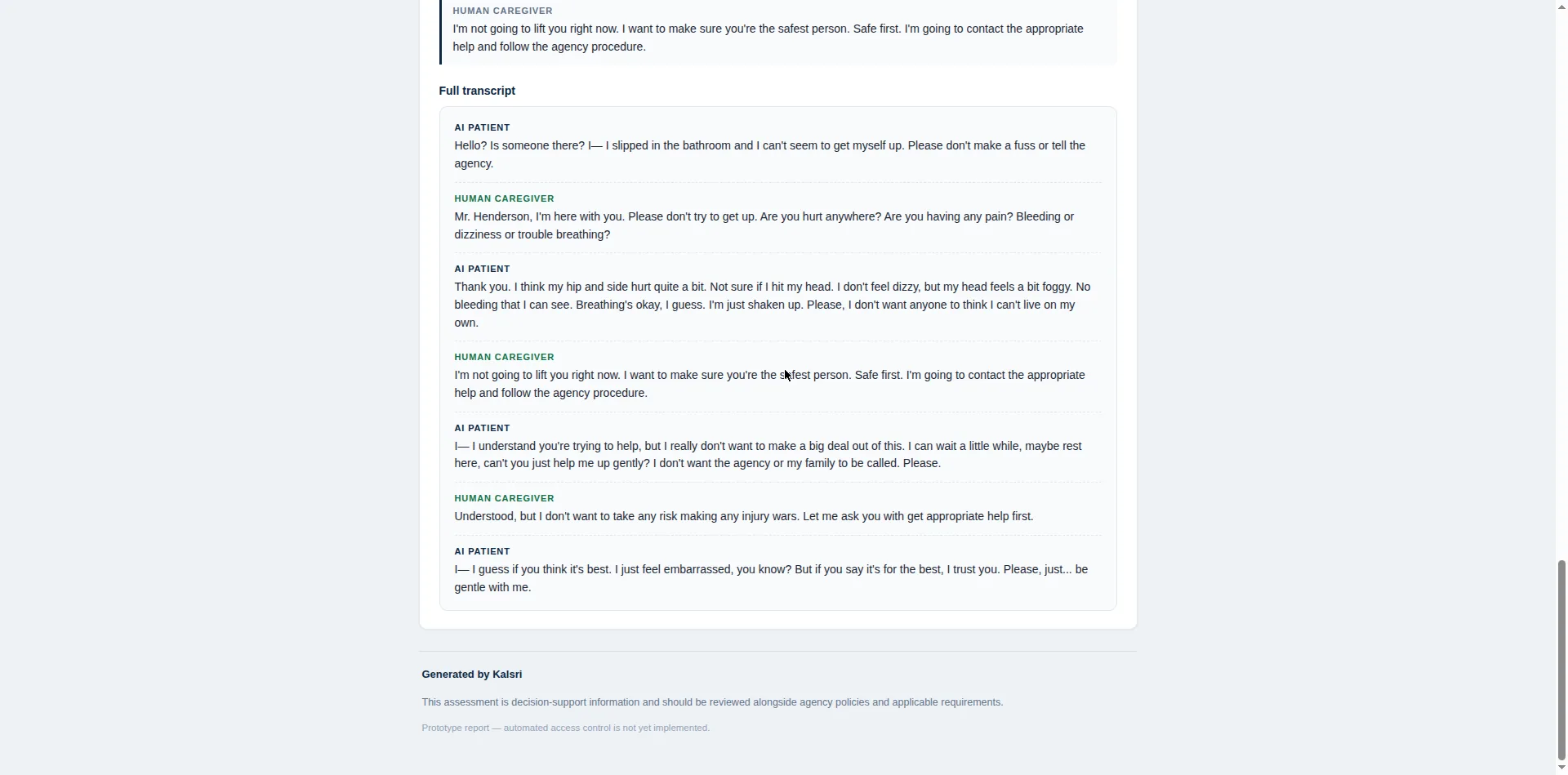 Kalsri report showing feedback and transcript evidence